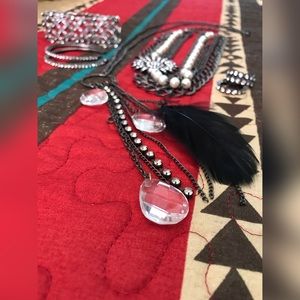 Antiqued Metal Costume Jewelry Set with Chains, Pearls & Rhinestones